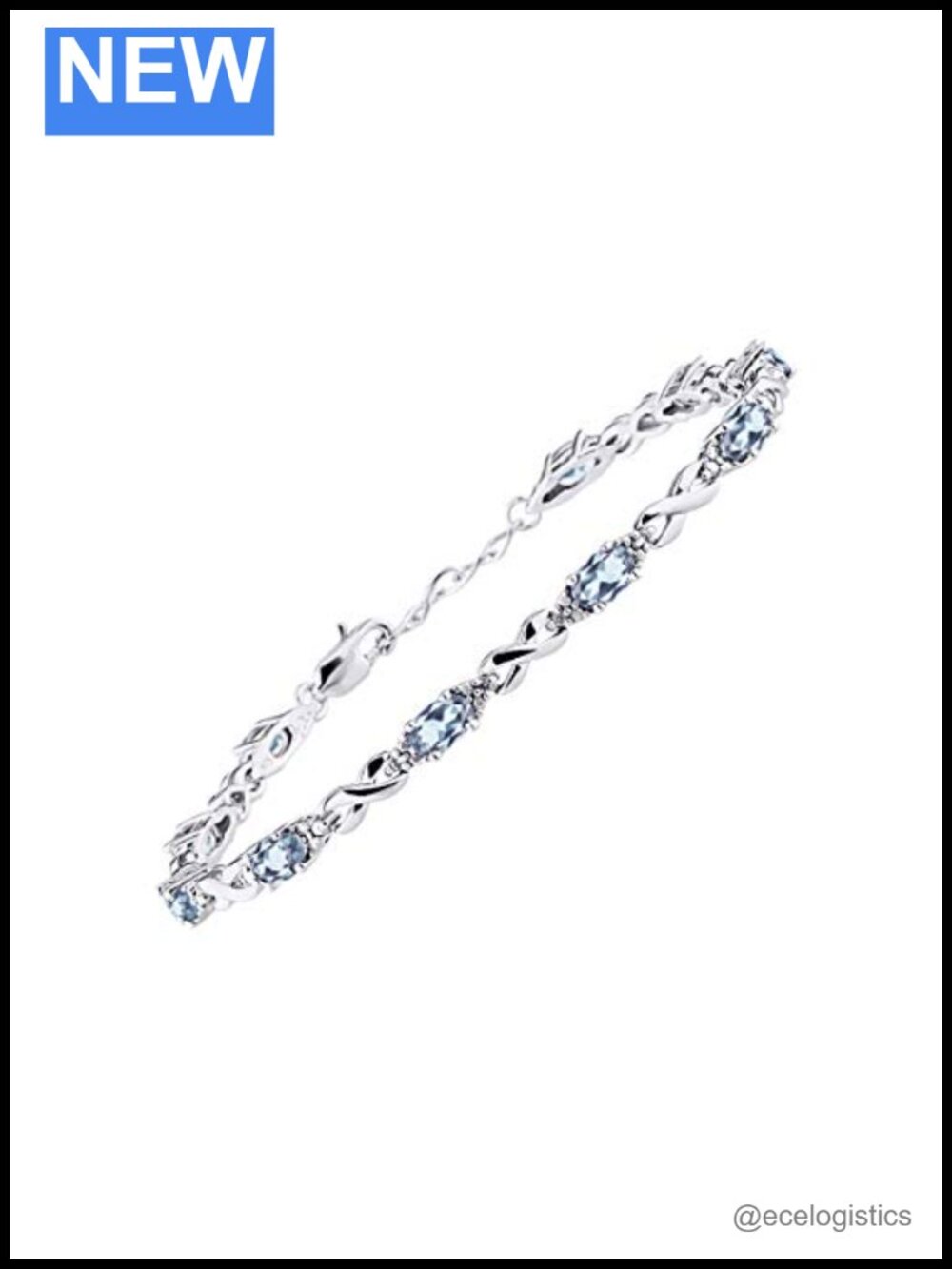 925 Sterling Silver XO Hugs Kisses Tennis Bracelet Aquamarine Adjustable 7-8